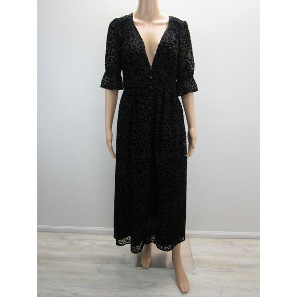 BELLEVUE THE LABEL BLACK VELVET PRINT DEEP V-NECK MAXI DRESS - Picture 6 of 6